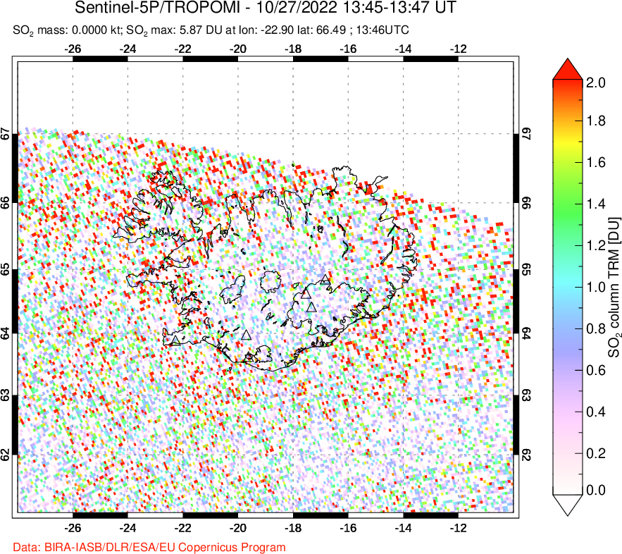 A sulfur dioxide image over Iceland on Oct 27, 2022.