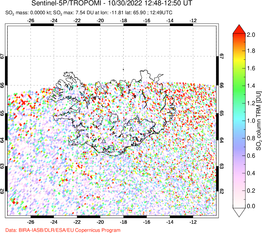 A sulfur dioxide image over Iceland on Oct 30, 2022.
