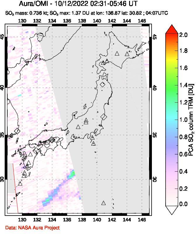 A sulfur dioxide image over Japan on Oct 12, 2022.