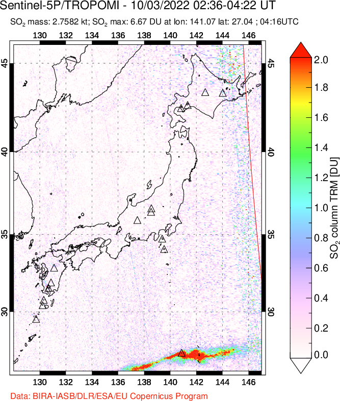 A sulfur dioxide image over Japan on Oct 03, 2022.