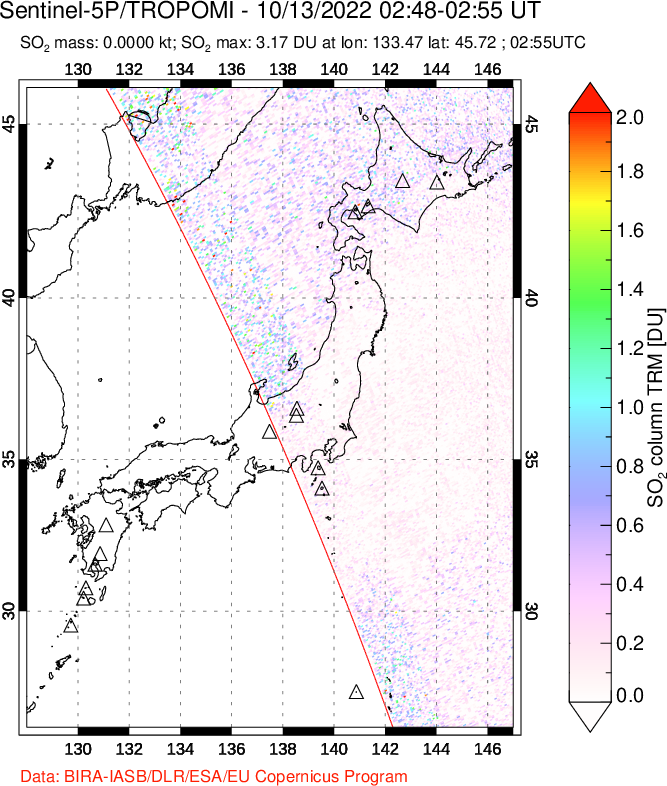 A sulfur dioxide image over Japan on Oct 13, 2022.