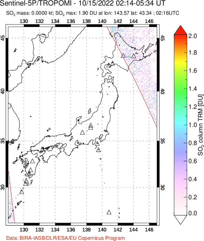 A sulfur dioxide image over Japan on Oct 15, 2022.
