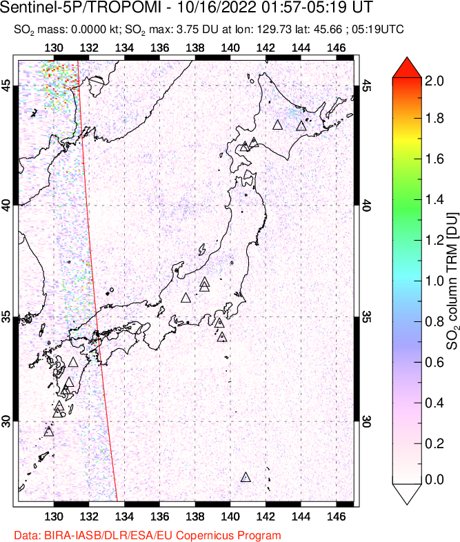 A sulfur dioxide image over Japan on Oct 16, 2022.