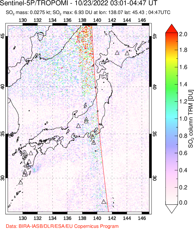 A sulfur dioxide image over Japan on Oct 23, 2022.