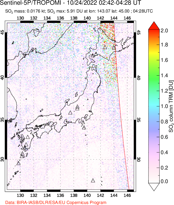 A sulfur dioxide image over Japan on Oct 24, 2022.