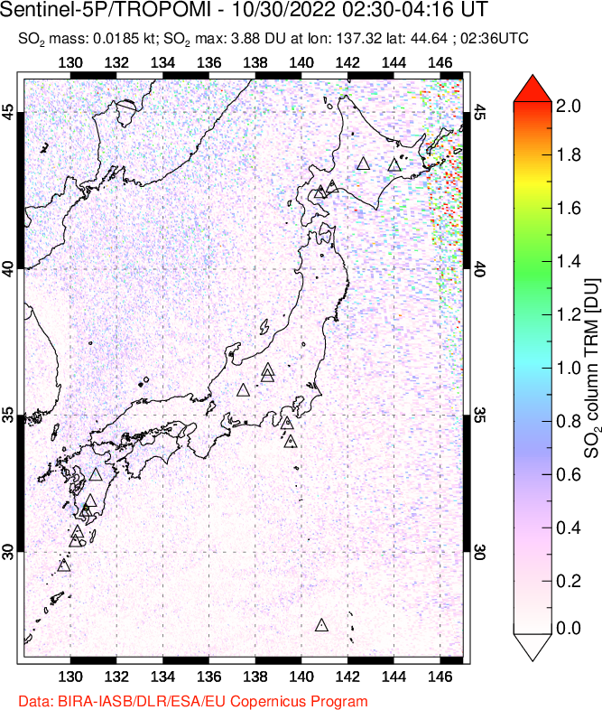 A sulfur dioxide image over Japan on Oct 30, 2022.
