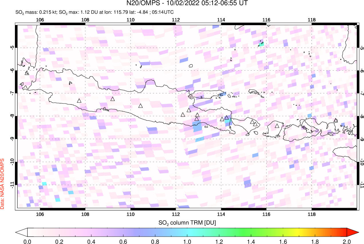 A sulfur dioxide image over Java, Indonesia on Oct 02, 2022.