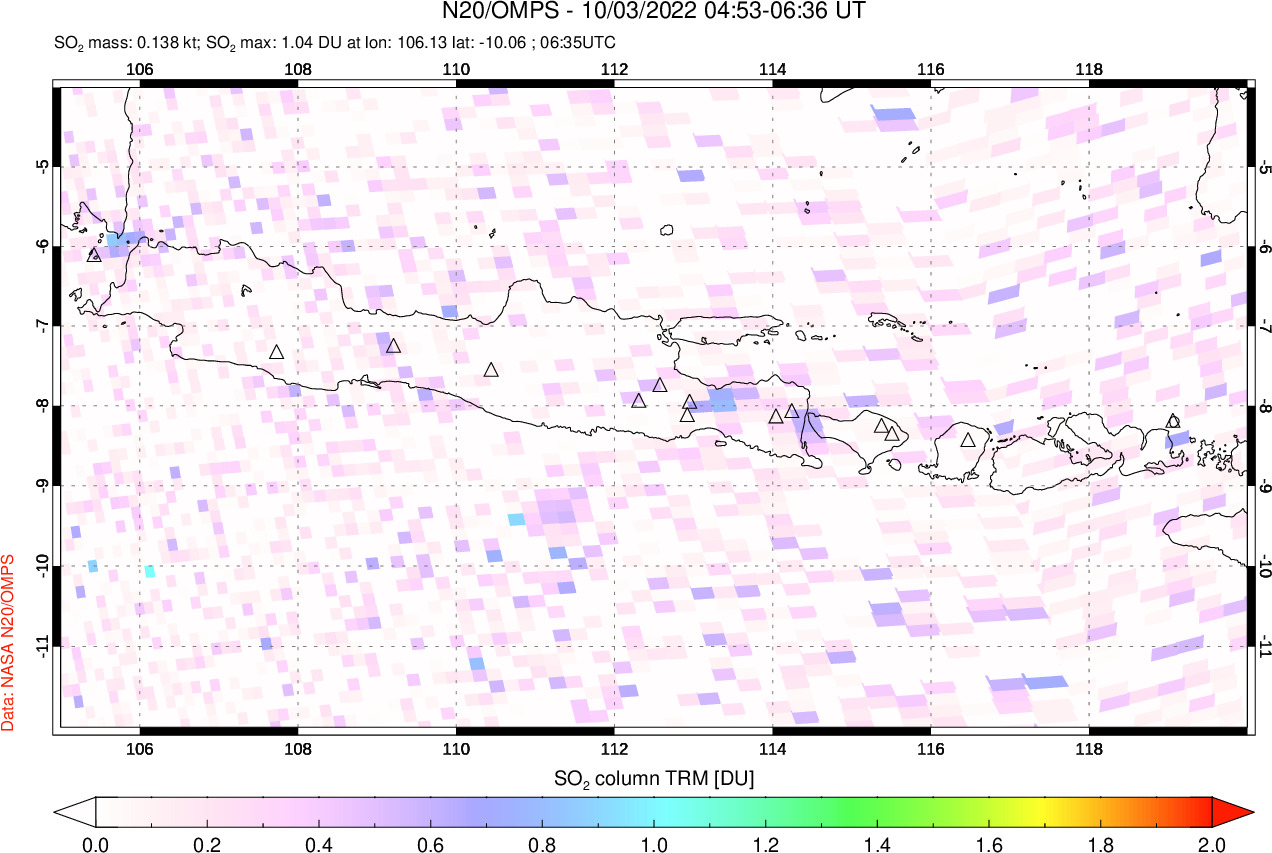 A sulfur dioxide image over Java, Indonesia on Oct 03, 2022.