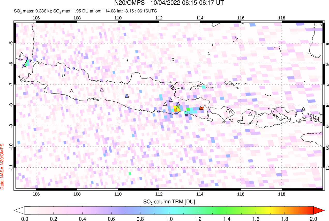 A sulfur dioxide image over Java, Indonesia on Oct 04, 2022.