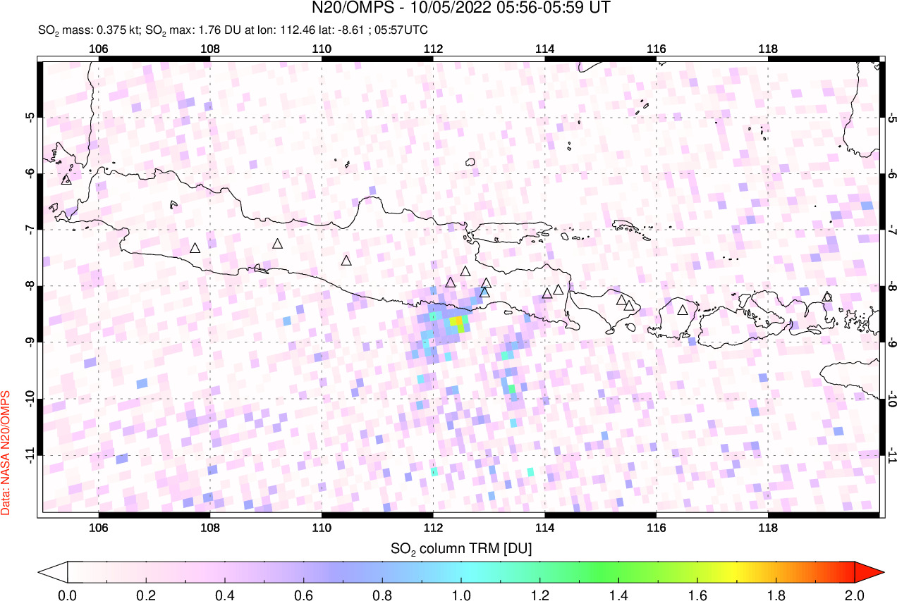 A sulfur dioxide image over Java, Indonesia on Oct 05, 2022.