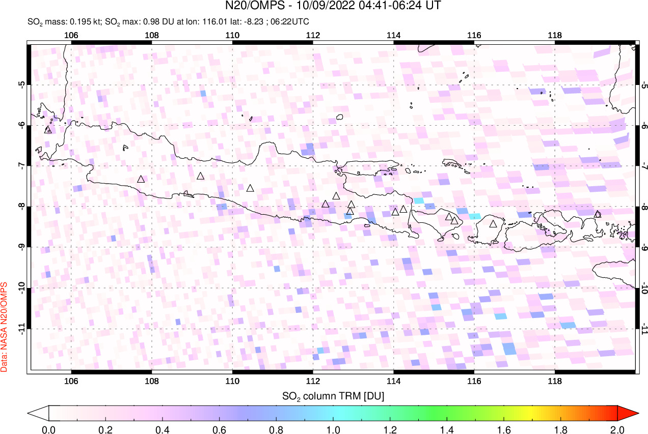 A sulfur dioxide image over Java, Indonesia on Oct 09, 2022.