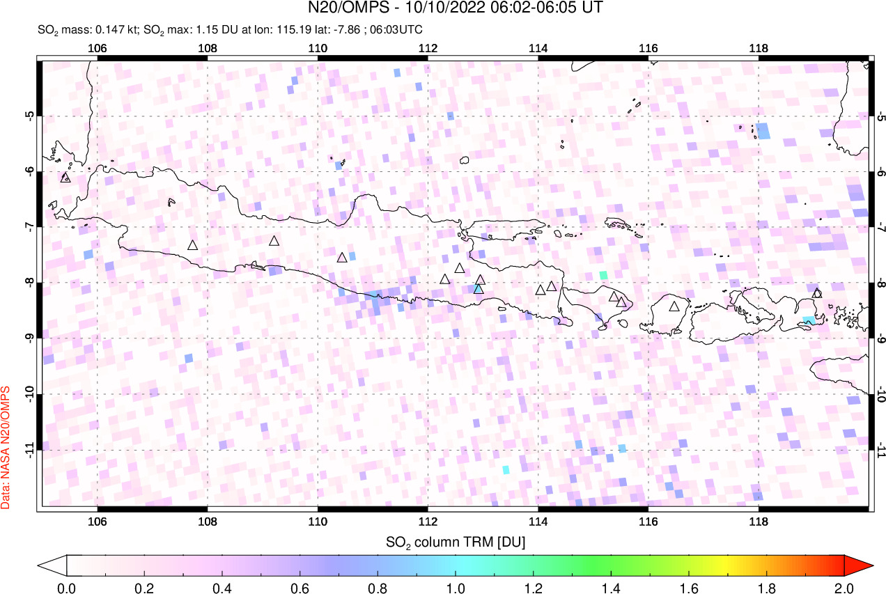 A sulfur dioxide image over Java, Indonesia on Oct 10, 2022.