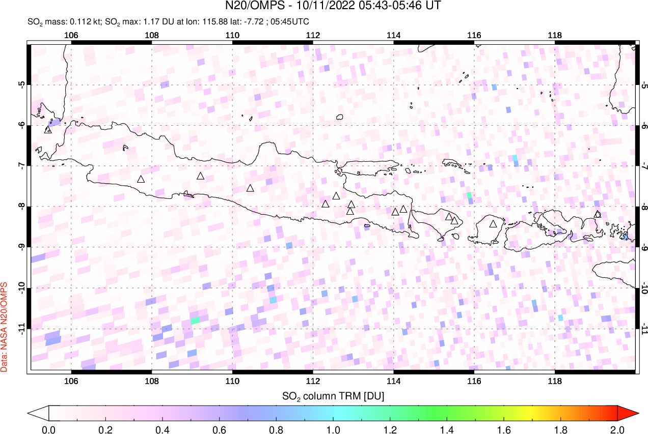 A sulfur dioxide image over Java, Indonesia on Oct 11, 2022.
