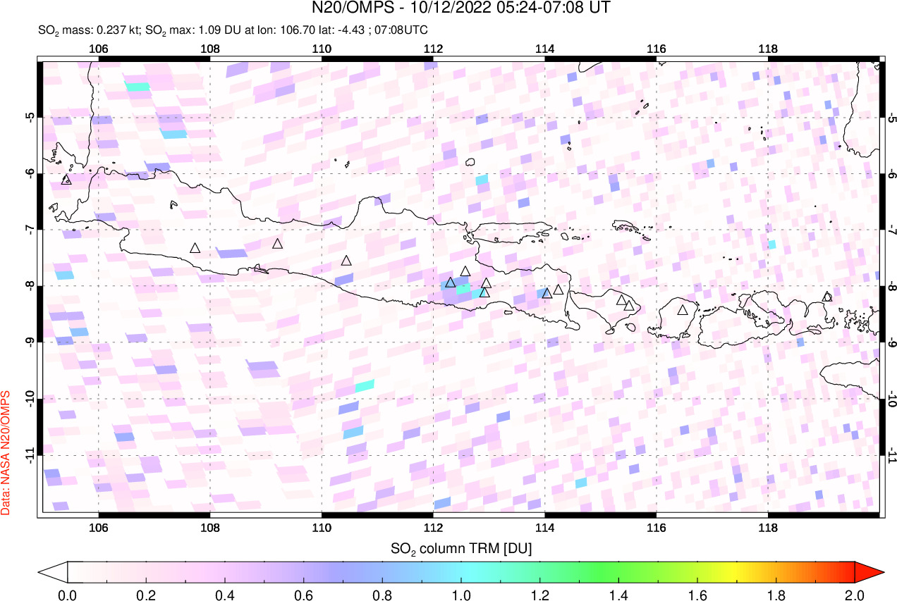 A sulfur dioxide image over Java, Indonesia on Oct 12, 2022.