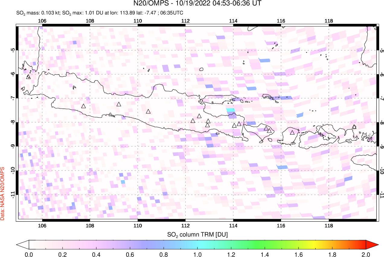 A sulfur dioxide image over Java, Indonesia on Oct 19, 2022.