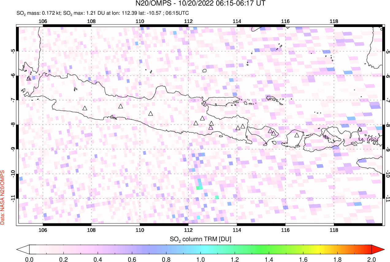 A sulfur dioxide image over Java, Indonesia on Oct 20, 2022.