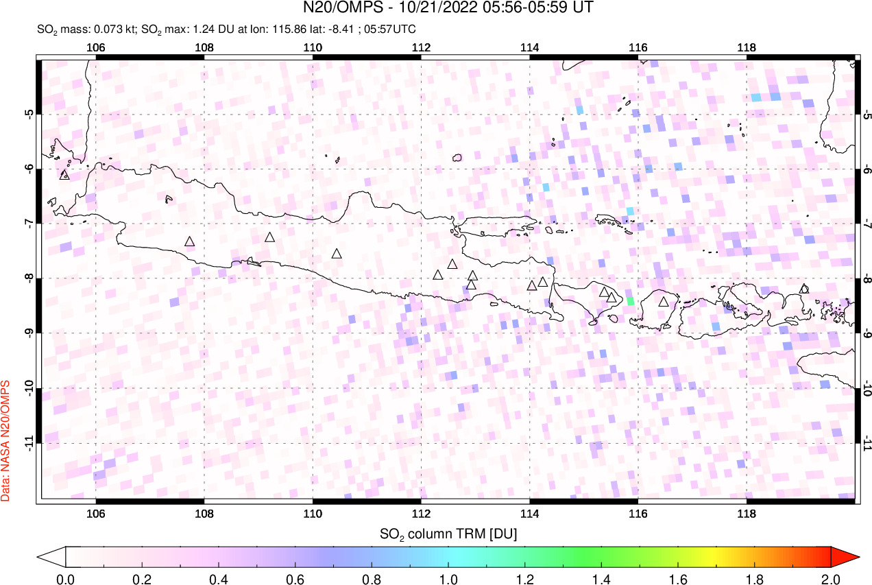 A sulfur dioxide image over Java, Indonesia on Oct 21, 2022.