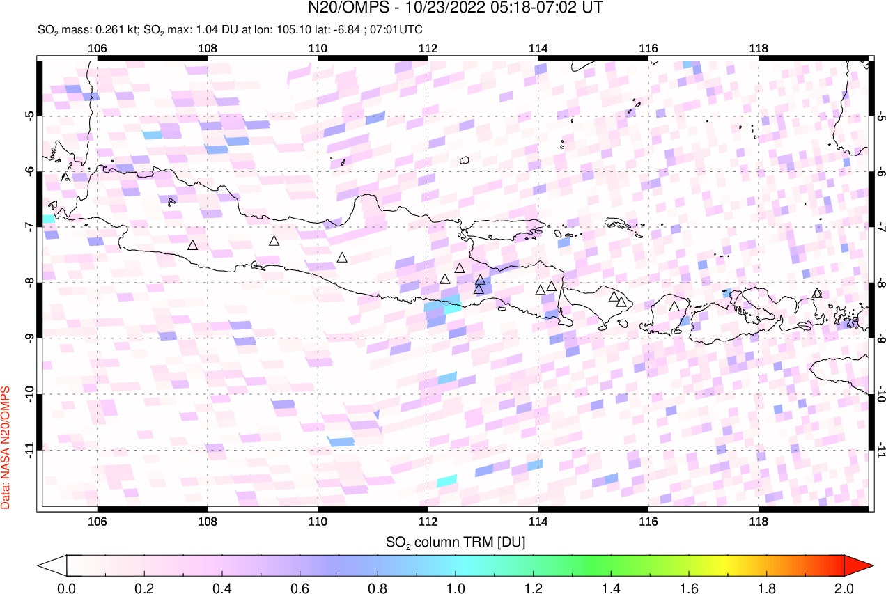 A sulfur dioxide image over Java, Indonesia on Oct 23, 2022.