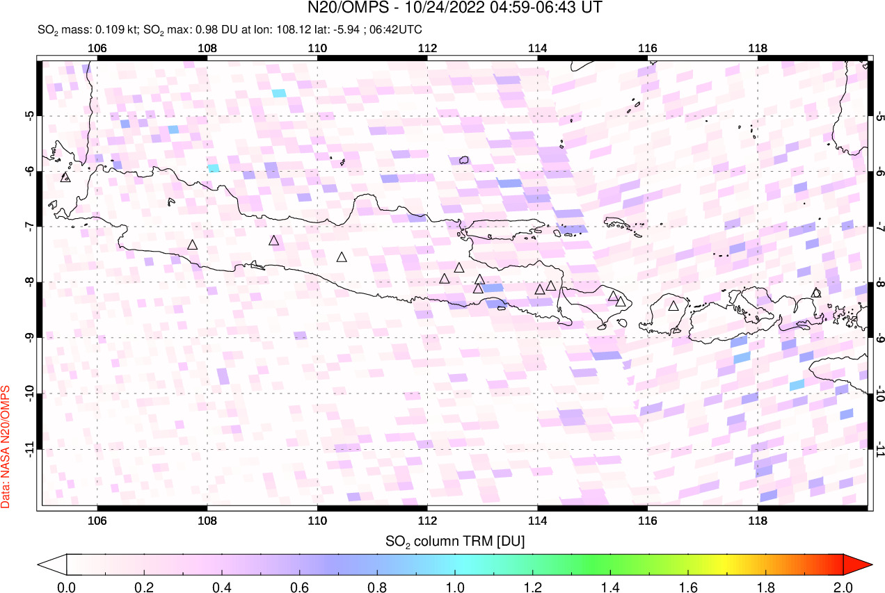 A sulfur dioxide image over Java, Indonesia on Oct 24, 2022.