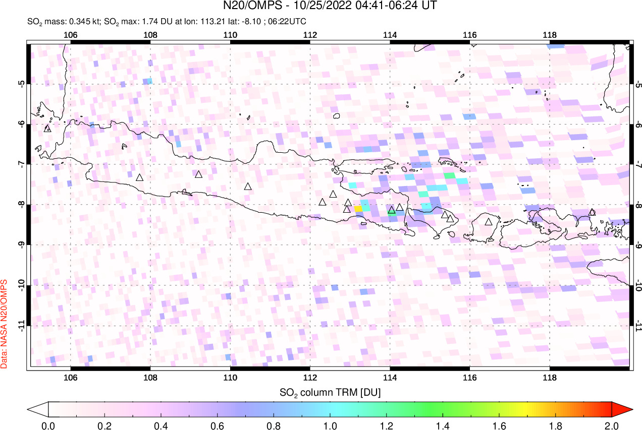 A sulfur dioxide image over Java, Indonesia on Oct 25, 2022.