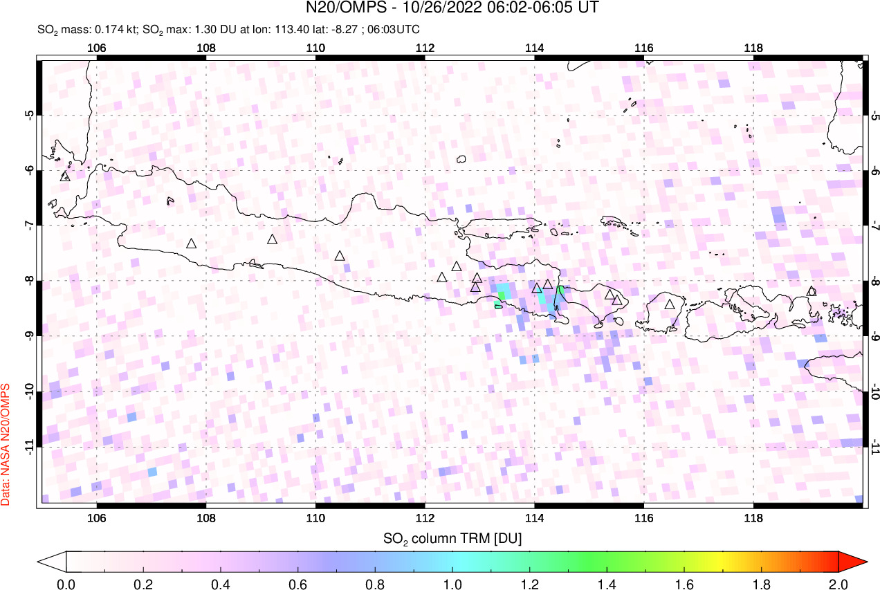A sulfur dioxide image over Java, Indonesia on Oct 26, 2022.