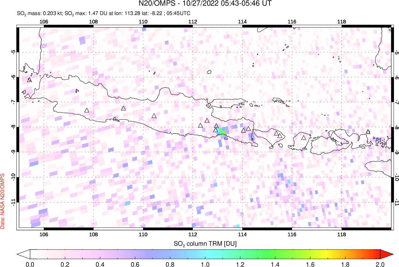 A sulfur dioxide image over Java, Indonesia on Oct 27, 2022.