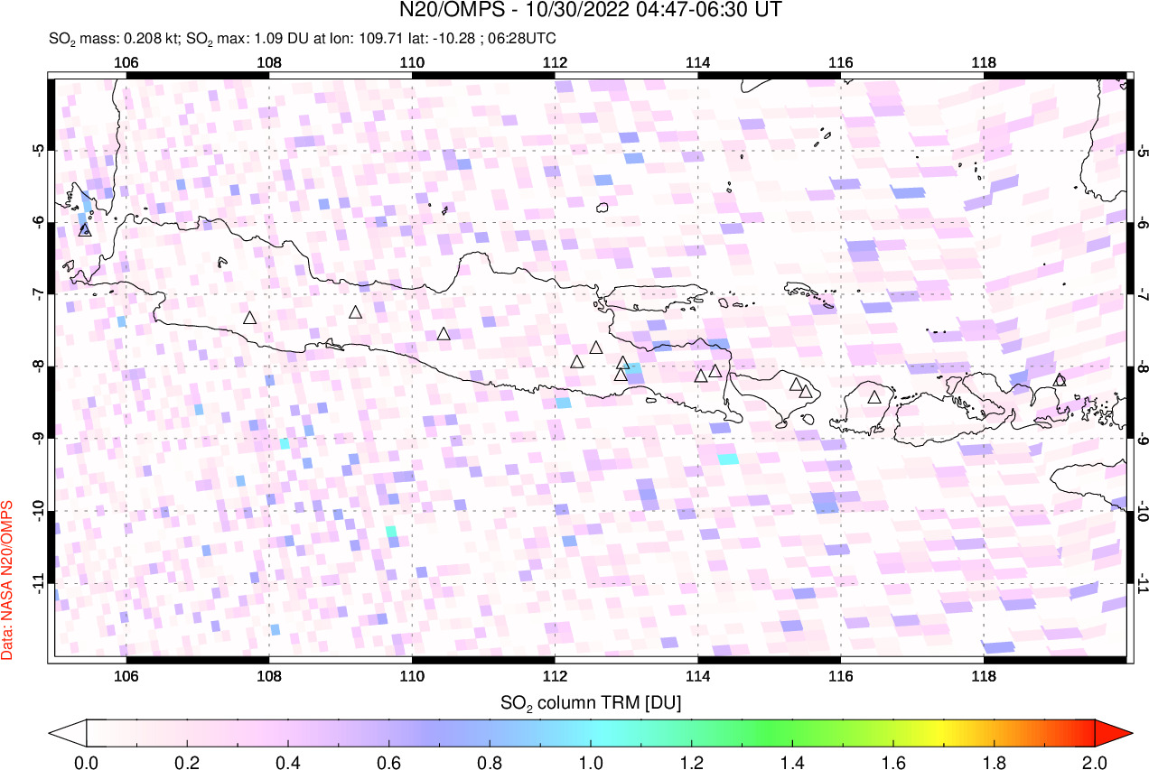 A sulfur dioxide image over Java, Indonesia on Oct 30, 2022.