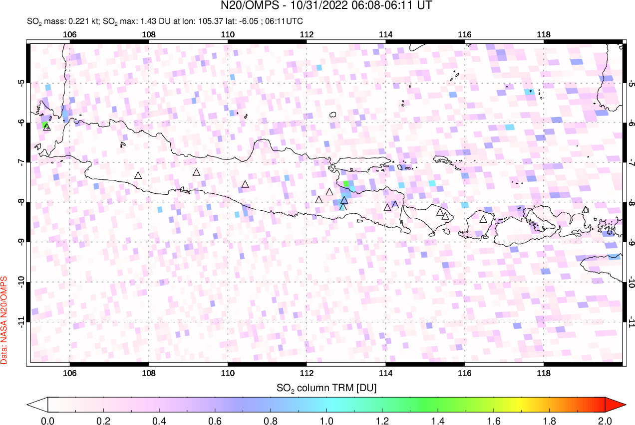 A sulfur dioxide image over Java, Indonesia on Oct 31, 2022.