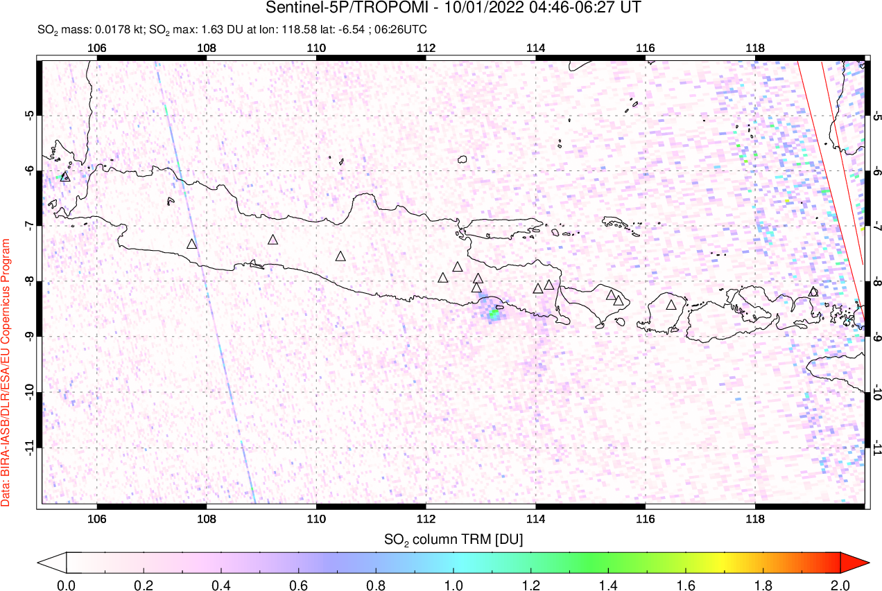 A sulfur dioxide image over Java, Indonesia on Oct 01, 2022.