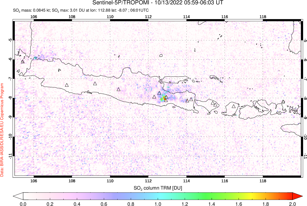 A sulfur dioxide image over Java, Indonesia on Oct 13, 2022.