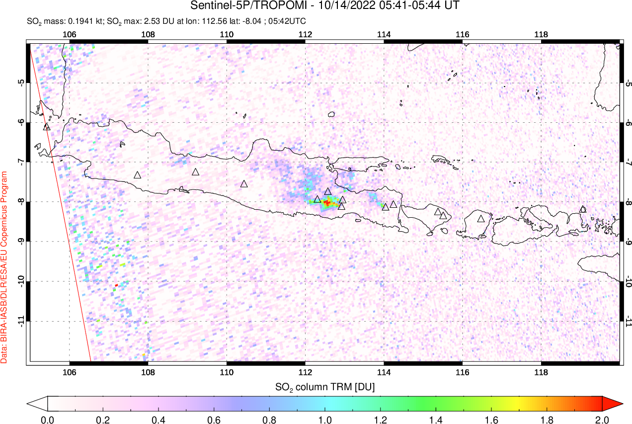 A sulfur dioxide image over Java, Indonesia on Oct 14, 2022.