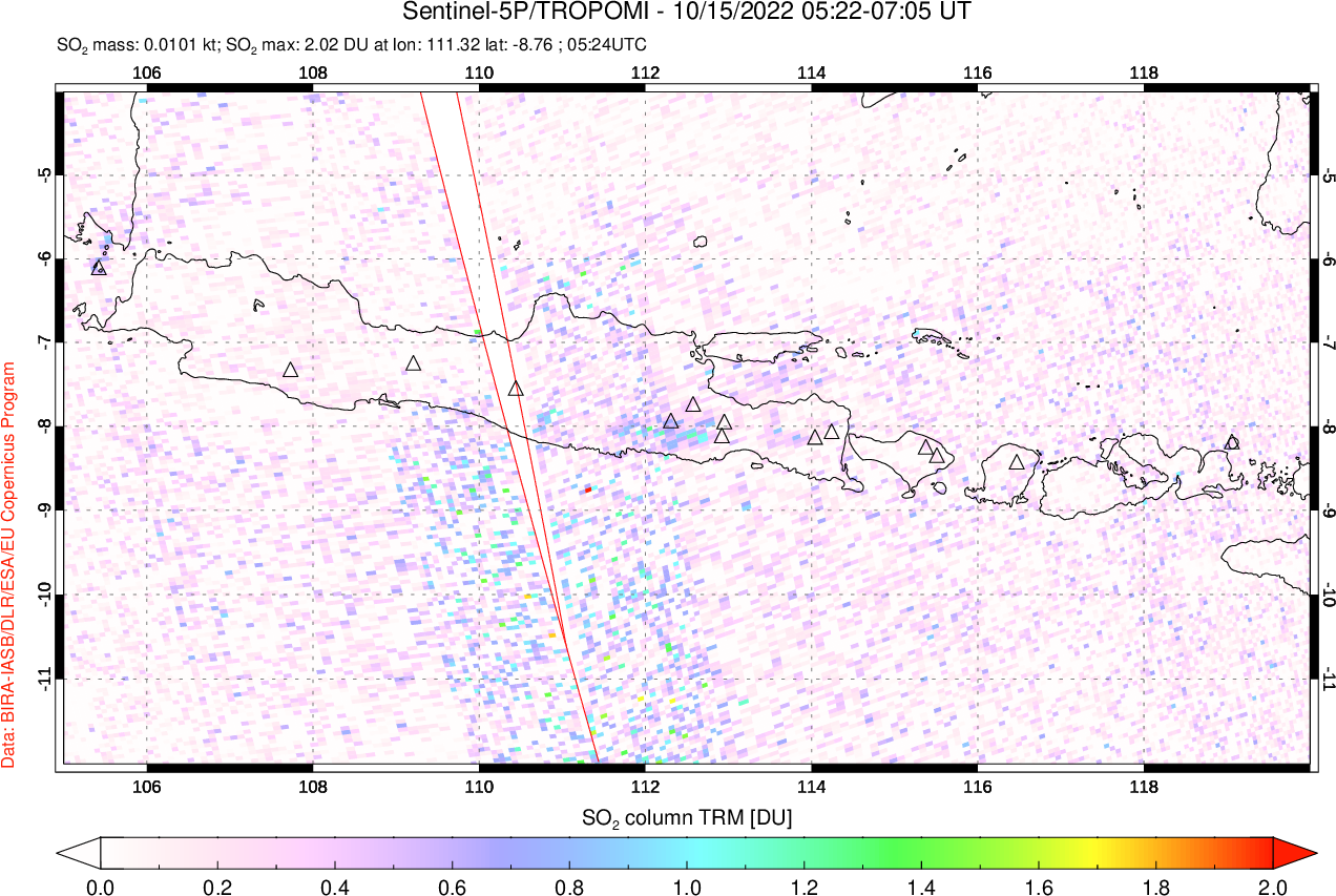 A sulfur dioxide image over Java, Indonesia on Oct 15, 2022.