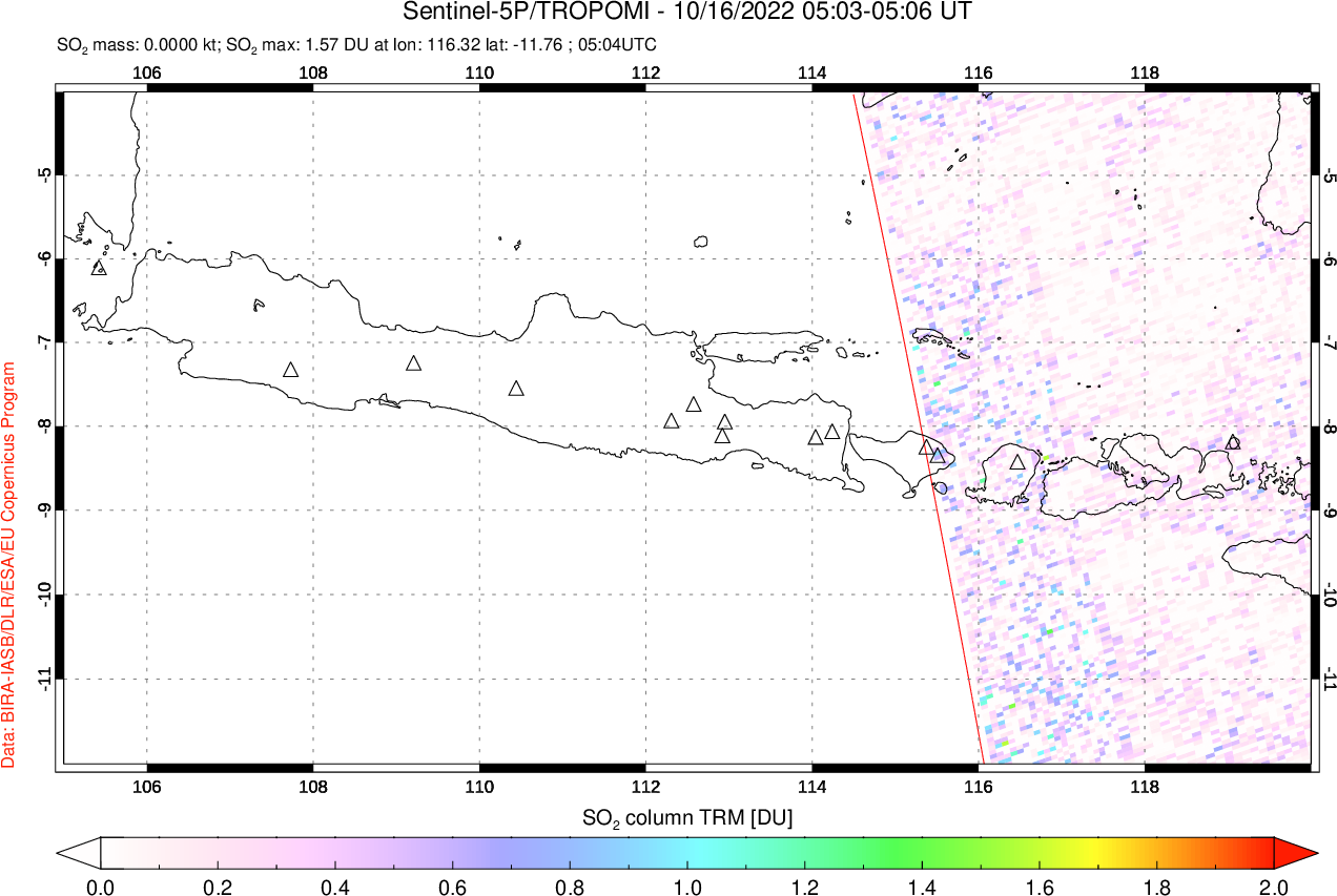 A sulfur dioxide image over Java, Indonesia on Oct 16, 2022.