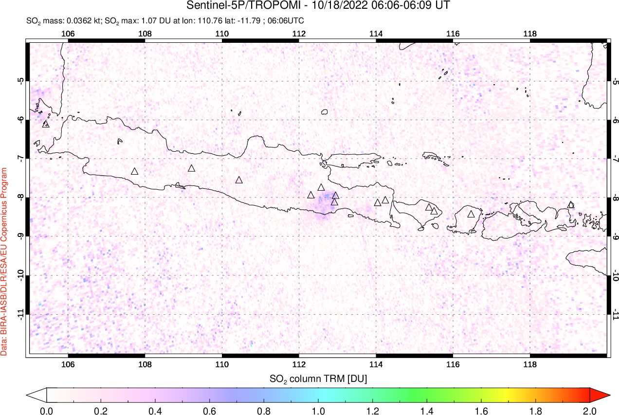 A sulfur dioxide image over Java, Indonesia on Oct 18, 2022.