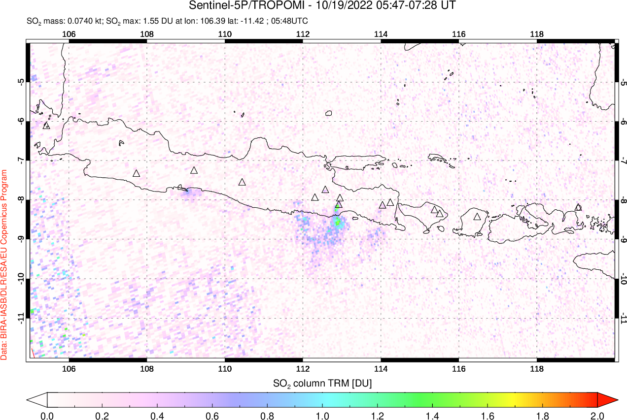A sulfur dioxide image over Java, Indonesia on Oct 19, 2022.