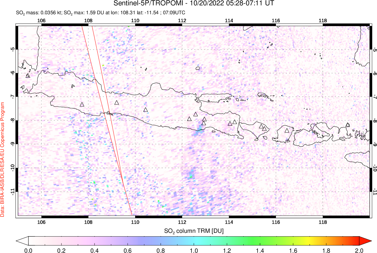 A sulfur dioxide image over Java, Indonesia on Oct 20, 2022.