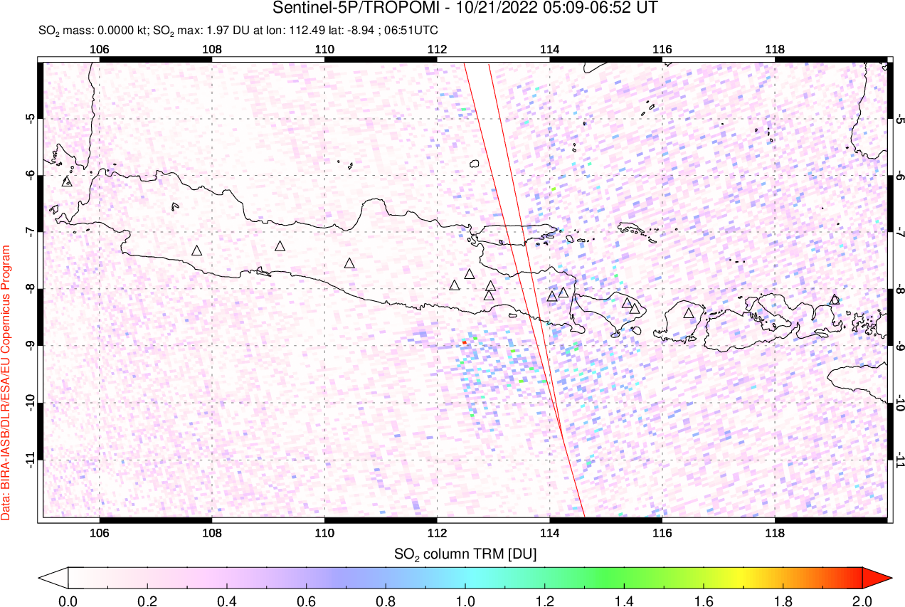 A sulfur dioxide image over Java, Indonesia on Oct 21, 2022.