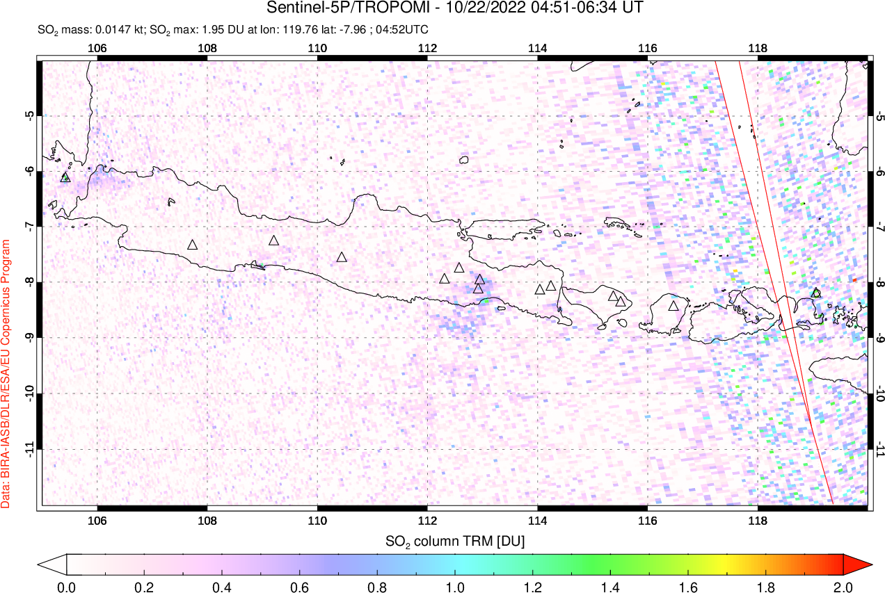 A sulfur dioxide image over Java, Indonesia on Oct 22, 2022.