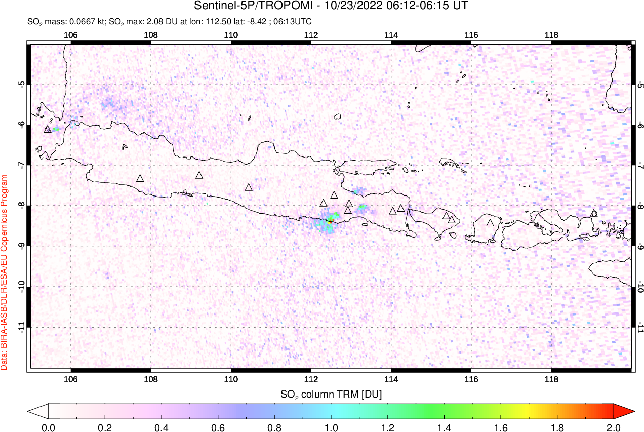 A sulfur dioxide image over Java, Indonesia on Oct 23, 2022.