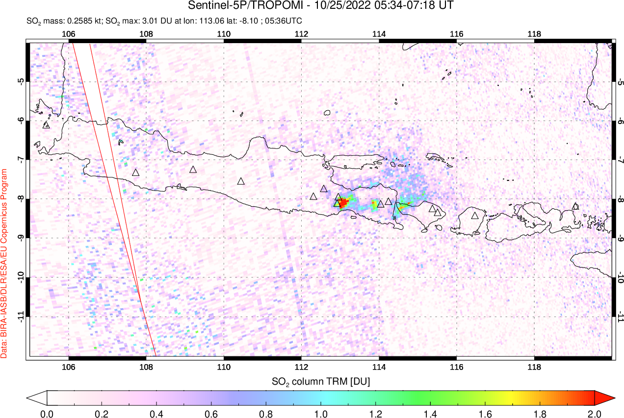 A sulfur dioxide image over Java, Indonesia on Oct 25, 2022.