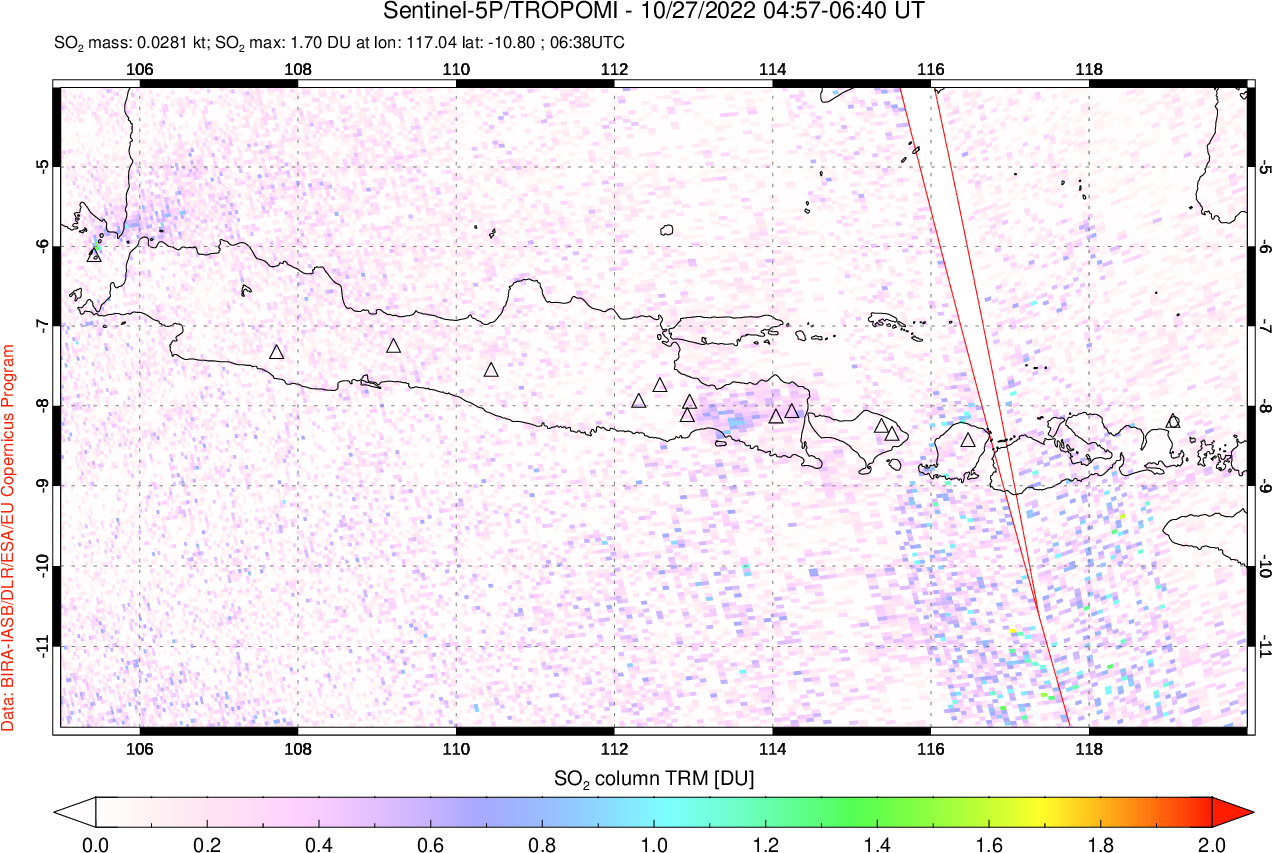 A sulfur dioxide image over Java, Indonesia on Oct 27, 2022.