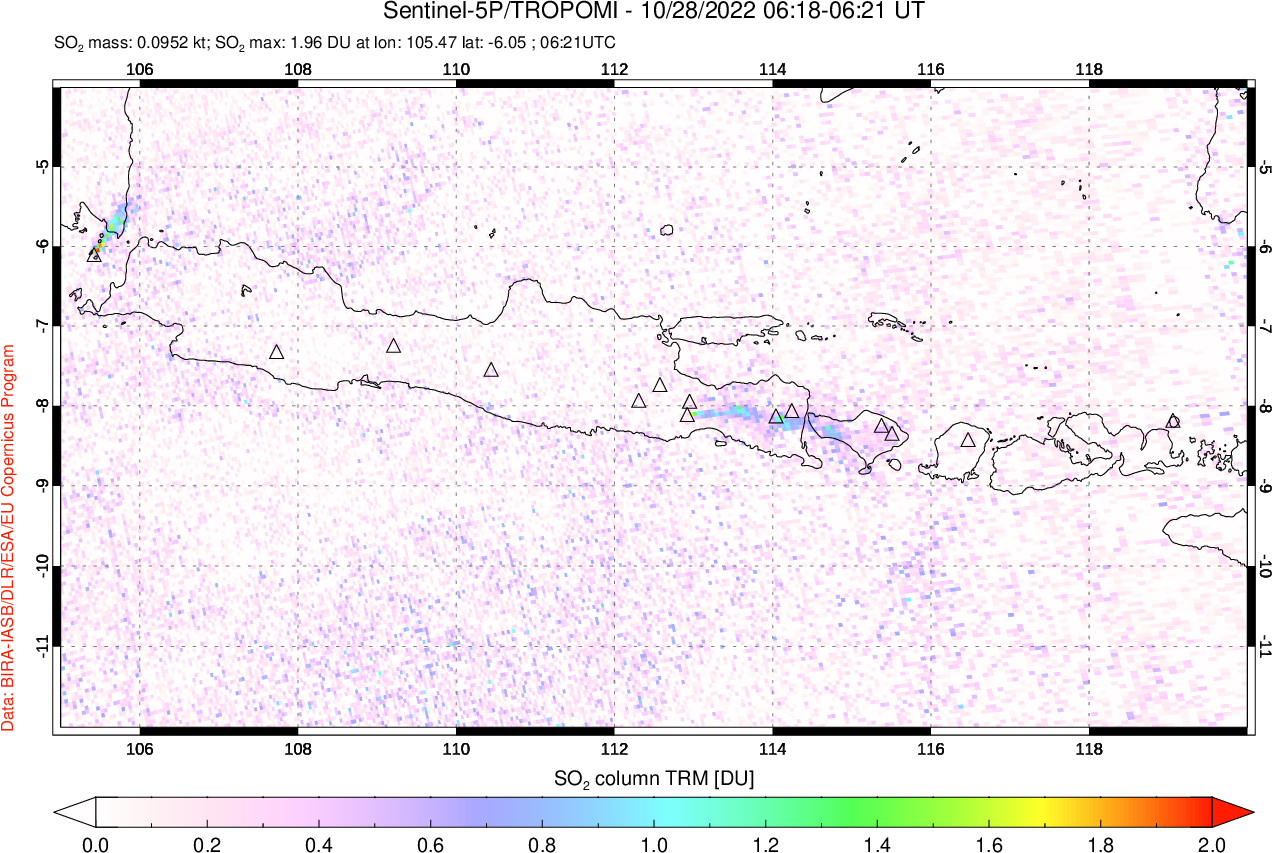 A sulfur dioxide image over Java, Indonesia on Oct 28, 2022.