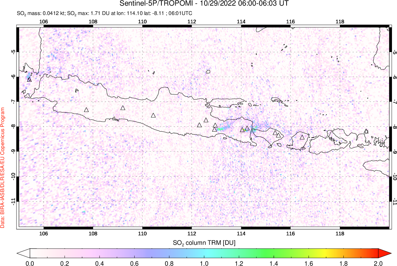A sulfur dioxide image over Java, Indonesia on Oct 29, 2022.
