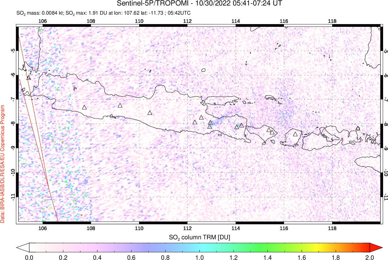 A sulfur dioxide image over Java, Indonesia on Oct 30, 2022.
