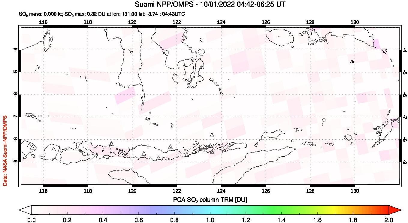 A sulfur dioxide image over Lesser Sunda Islands, Indonesia on Oct 01, 2022.