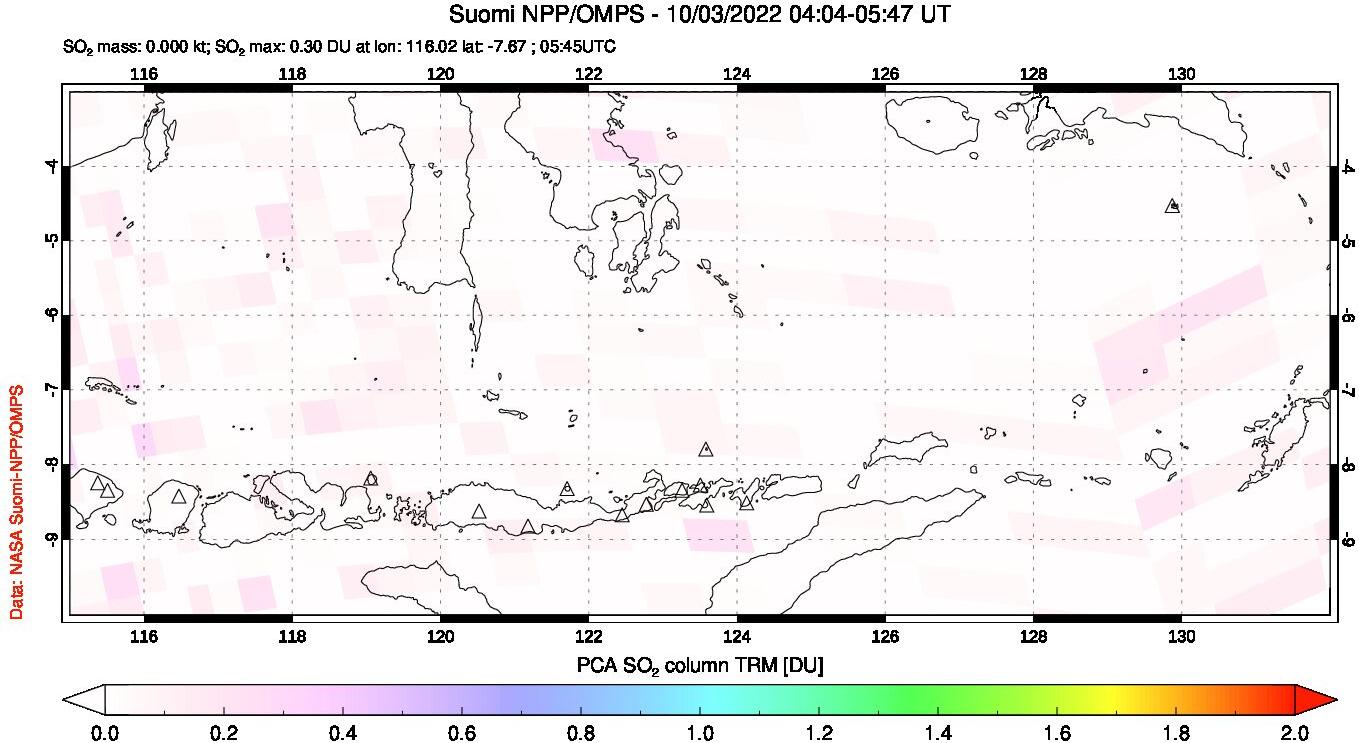 A sulfur dioxide image over Lesser Sunda Islands, Indonesia on Oct 03, 2022.