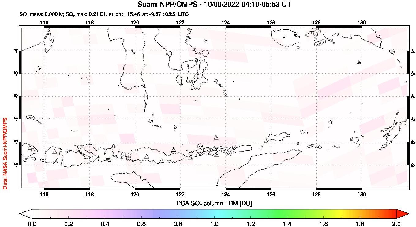 A sulfur dioxide image over Lesser Sunda Islands, Indonesia on Oct 08, 2022.
