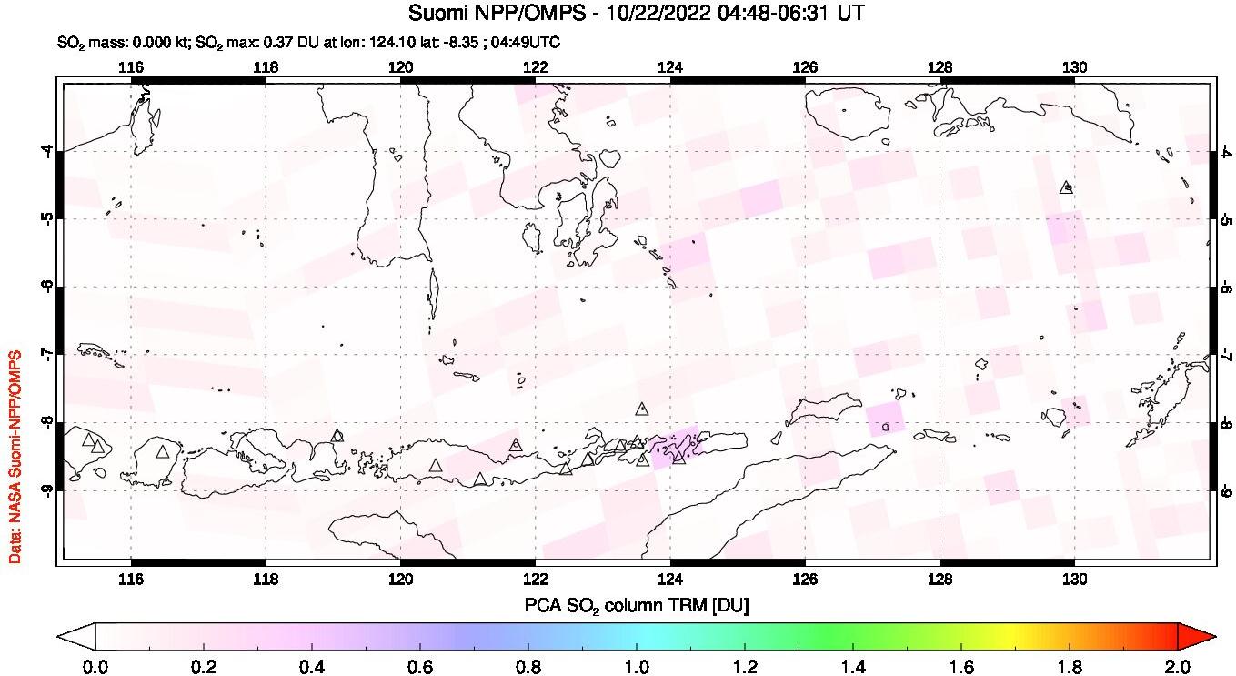 A sulfur dioxide image over Lesser Sunda Islands, Indonesia on Oct 22, 2022.