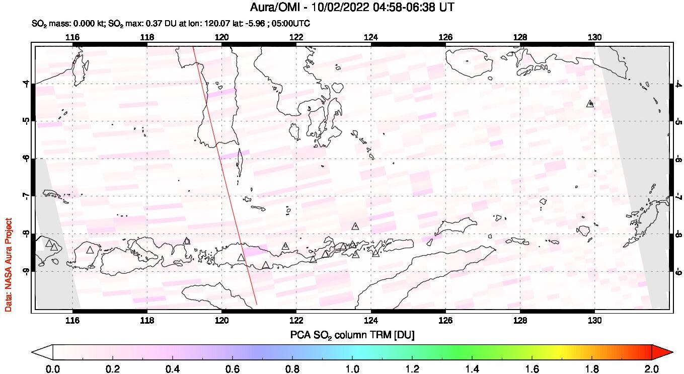 A sulfur dioxide image over Lesser Sunda Islands, Indonesia on Oct 02, 2022.