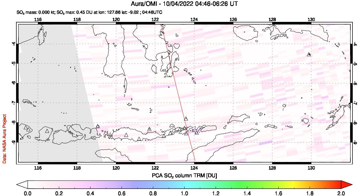 A sulfur dioxide image over Lesser Sunda Islands, Indonesia on Oct 04, 2022.